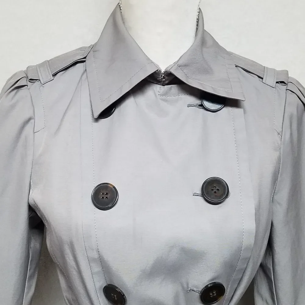BLACK Rivet Dove Gray Belted Layered  Puff Shoulder Trench Coat Over Coat Small